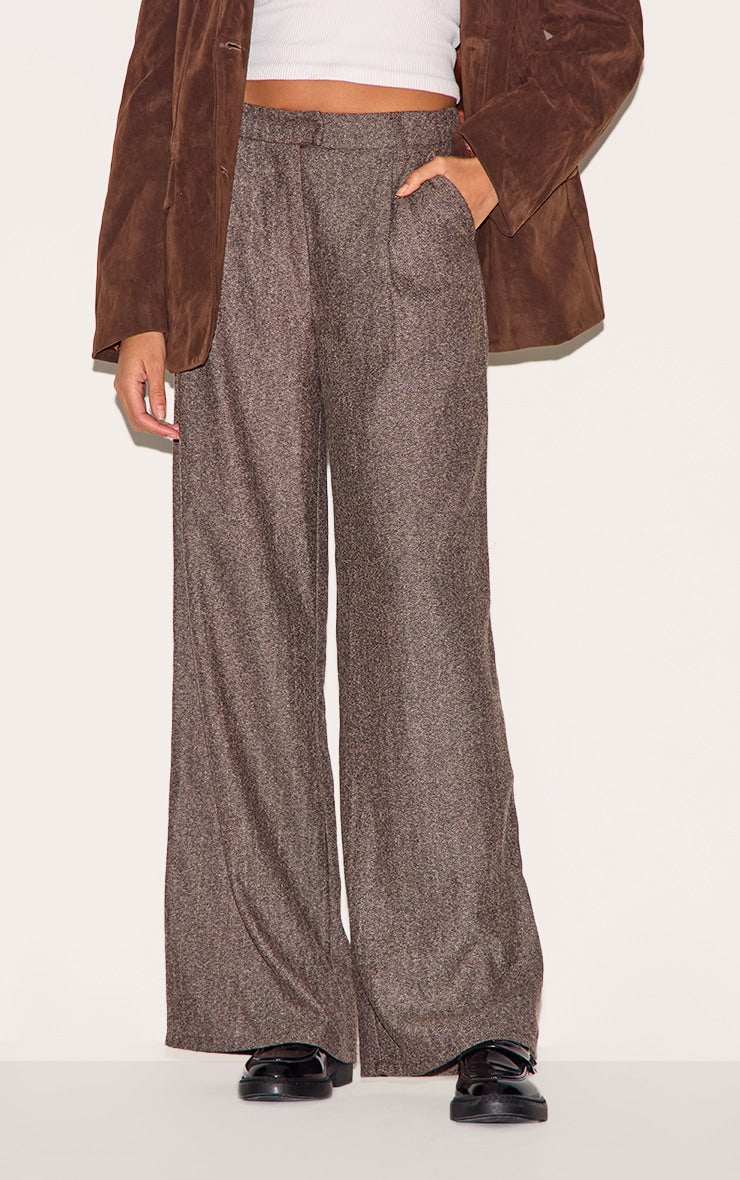 Brown Herringbone Mid Rise Tailored Trousers