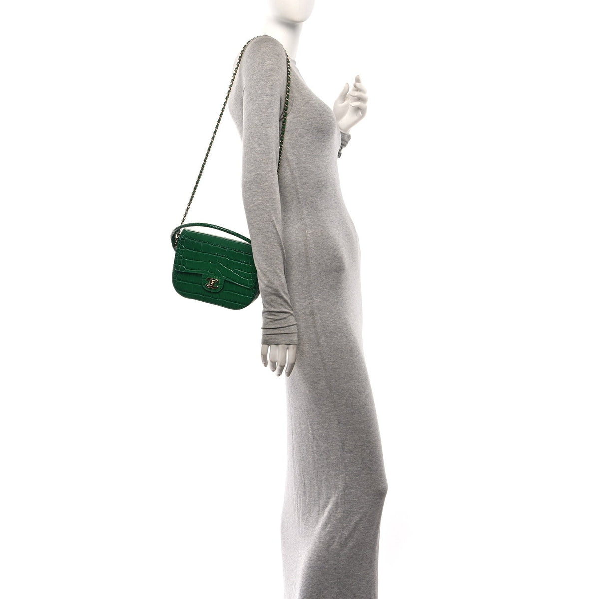 Chanel Calfskin Crocodile Embossed Turn Around Mini Flap Emerald