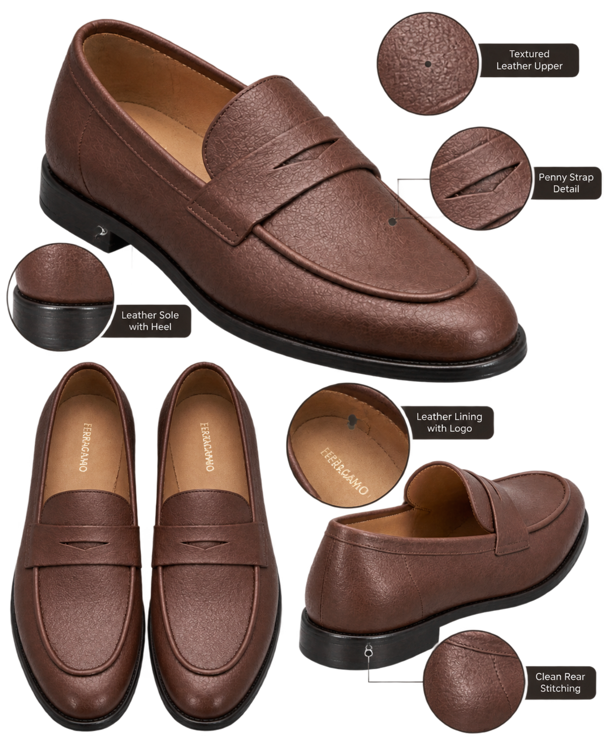 Ferragamo brown textured leather penny loafers