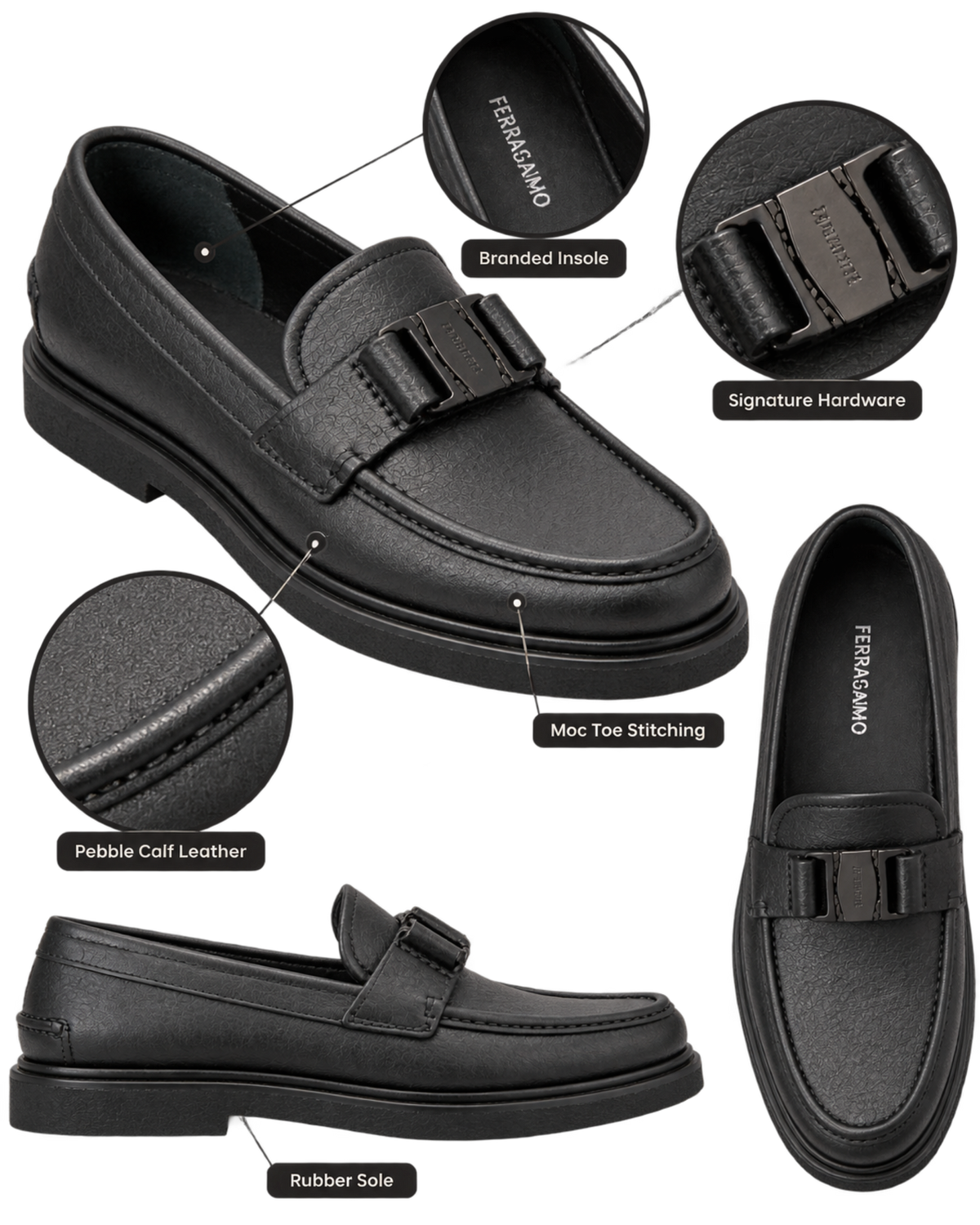 FERRAGAMO Grimes Pebble Calf Leather Loafers