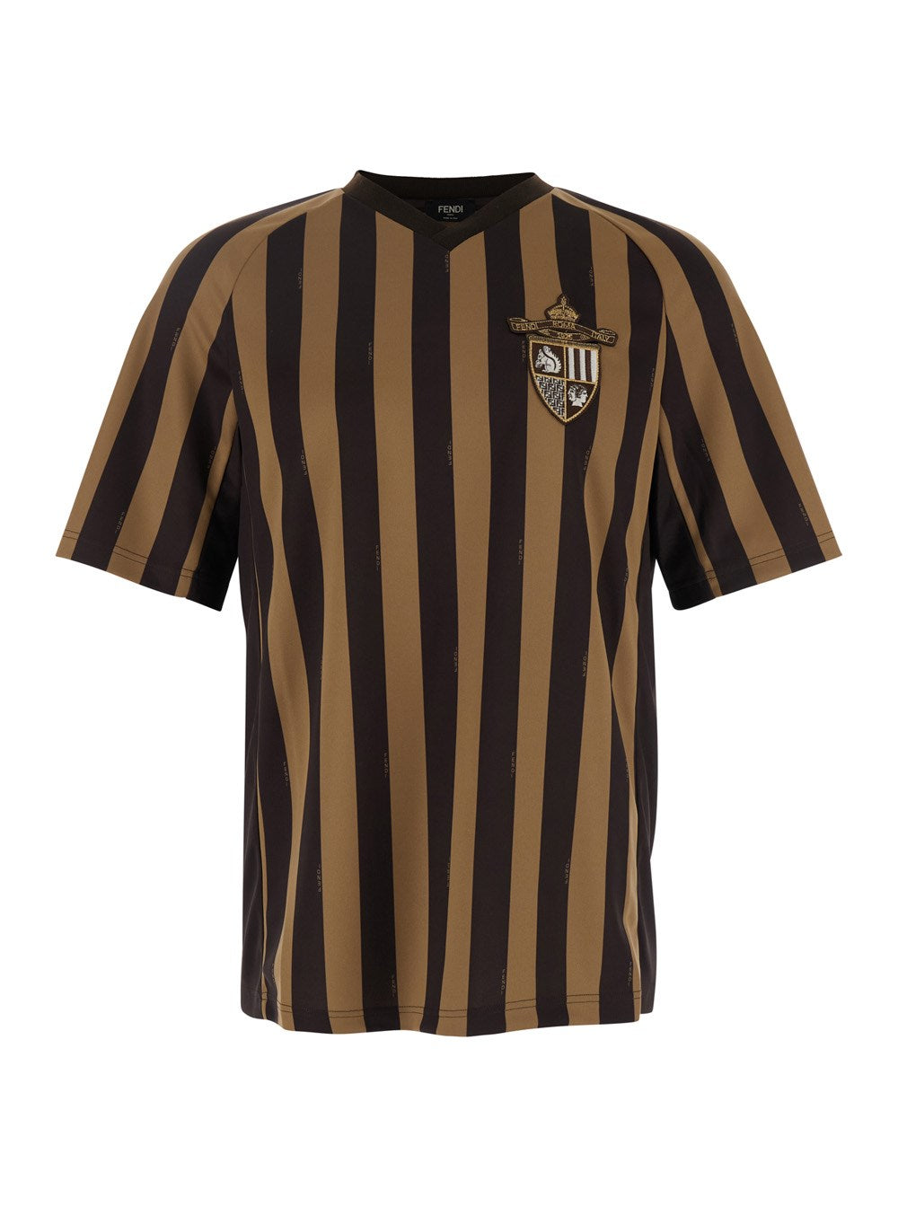 Fendi Brown T-Shirt with All-Over Striped Motif and Fendi Club Patch in Tech Fabric Man