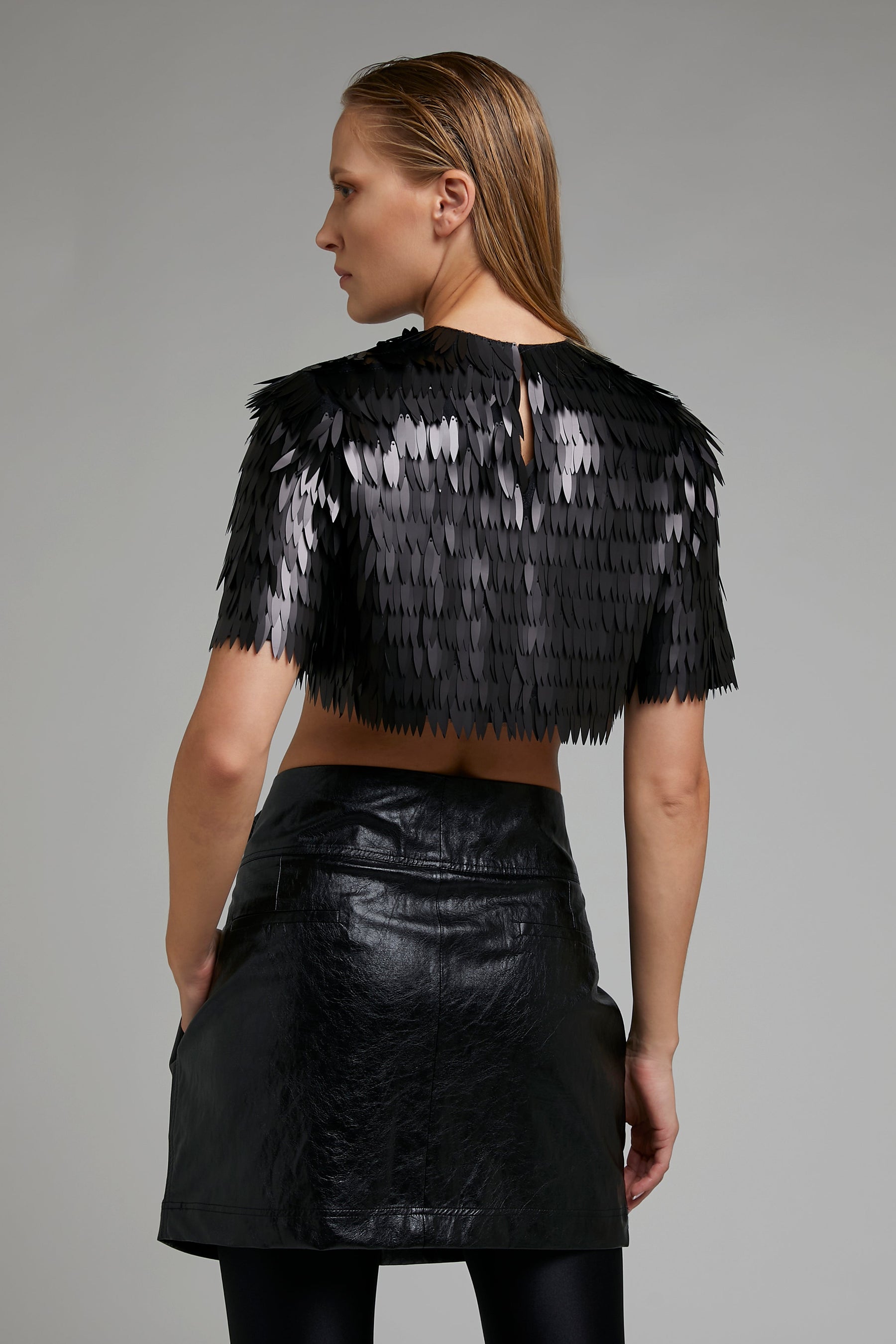 METALLIC FRINGED SEQUIN CROP TOP