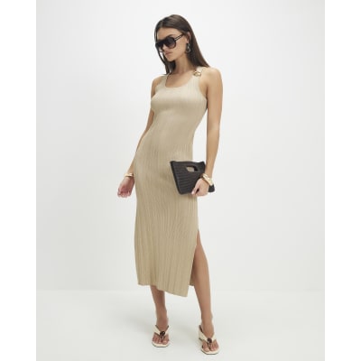 Gold Rib Knit Buckle Midi Dress