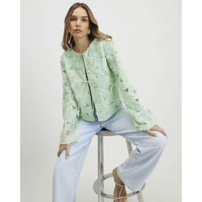 Green 3D Flower Tie Front Jacket