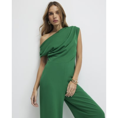 Green Asymmetric Drape Jumpsuit