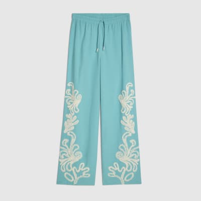 Green Broderie Drawstring Wide Leg Trousers