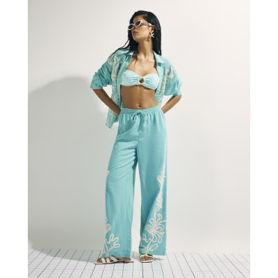 Green Broderie Drawstring Wide Leg Trousers
