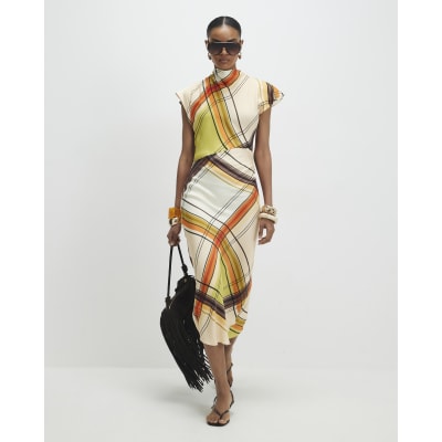 Green Check Print Column Midi Dress