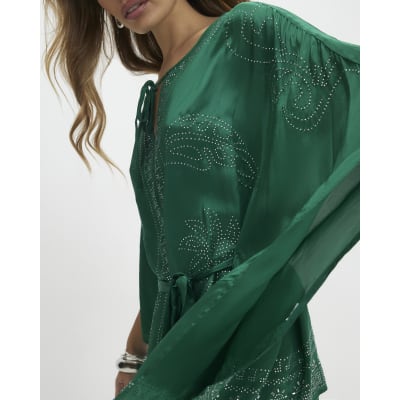 Green Embellished Kimono Top