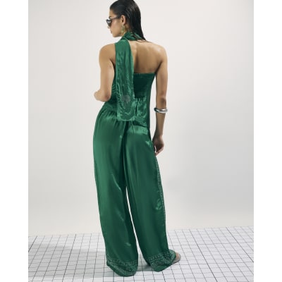 Green Embellished Wide Leg Trousers