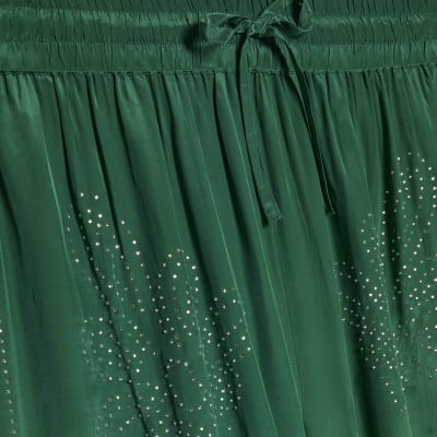 Green Embellished Wide Leg Trousers