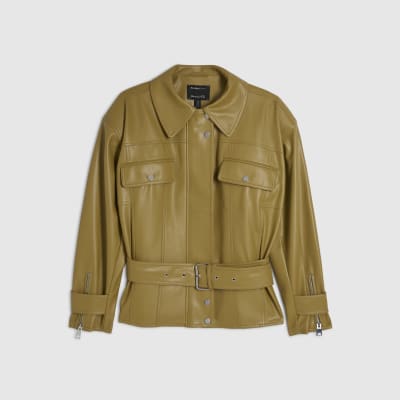 Green Faux Leather Belted Jacket