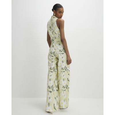 Green Floral Scallop Linen Blend Jumpsuit