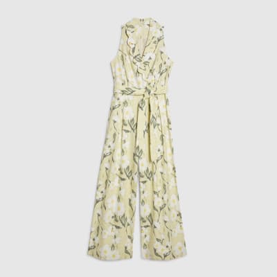 Green Floral Scallop Linen Blend Jumpsuit