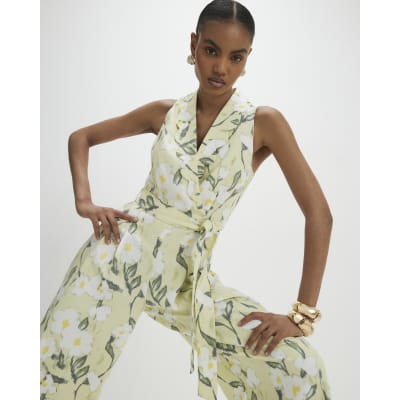 Green Floral Scallop Linen Blend Jumpsuit