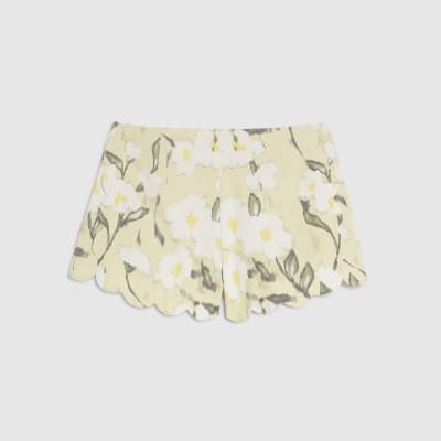 Green Floral Scallop Linen Blend Shorts