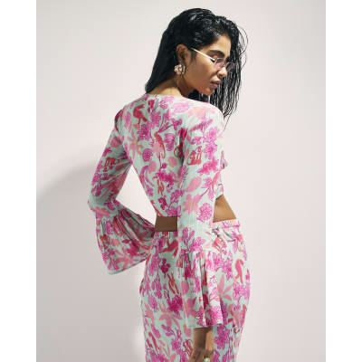 Green Floral Tie Front Beach Top