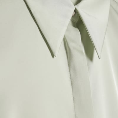 Green Satin Long Sleeve Slim Fit Shirt