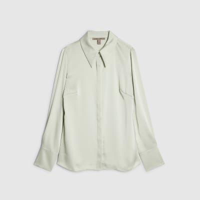Green Satin Long Sleeve Slim Fit Shirt