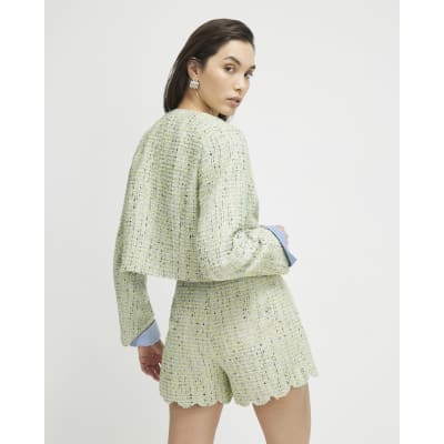 Green Scallop Trim Boucle Shorts