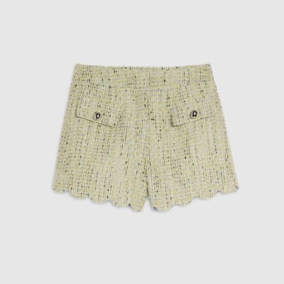 Green Scallop Trim Boucle Shorts