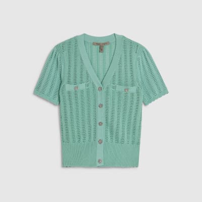 Green Short Sleeve Crochet Knit Cardigan