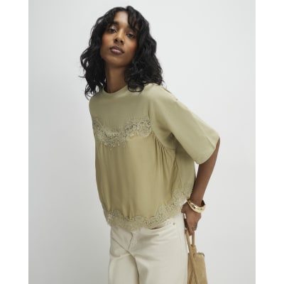 Green Short Sleeve Lace Detail T-shirt