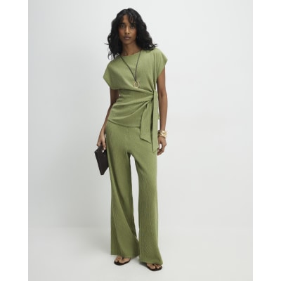 Green Short Sleeve Textured Twist Front Top