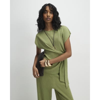 Green Short Sleeve Textured Twist Front Top