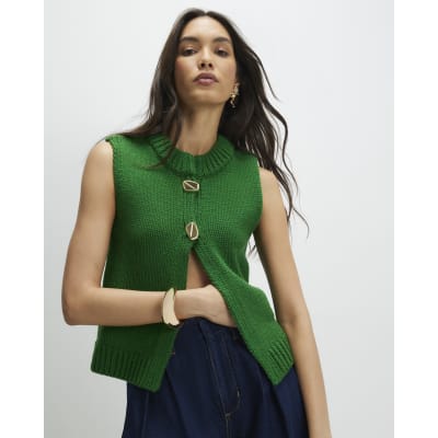 Green Sleeveless Button Cardigan