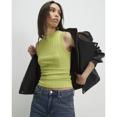 Green Sleeveless Wide Ribbed Tank Top