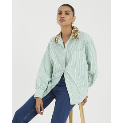 Green Stripe Embellished Collar Shirt