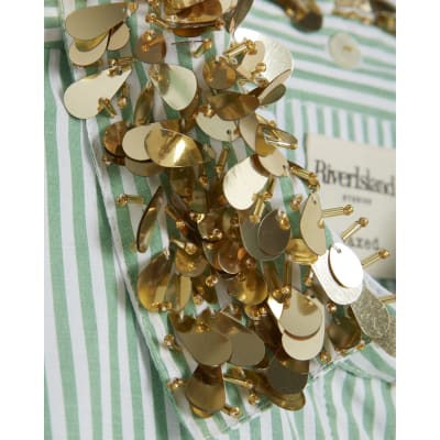 Green Stripe Embellished Collar Shirt