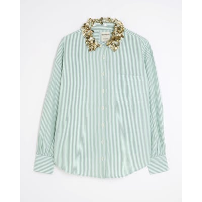 Green Stripe Embellished Collar Shirt