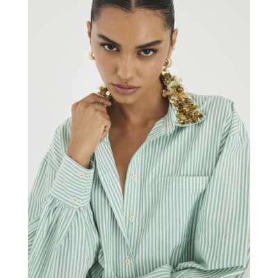 Green Stripe Embellished Collar Shirt