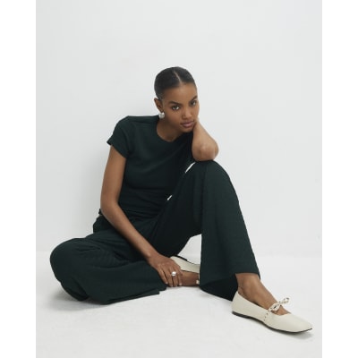 Green Textured Wide Leg Trousers