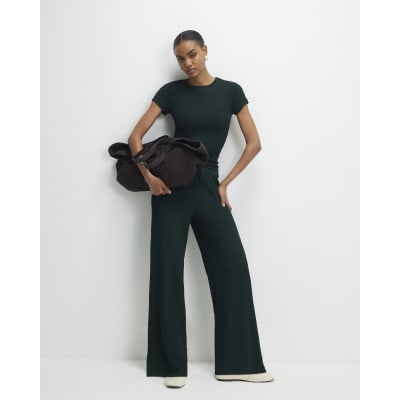 Green Textured Wide Leg Trousers