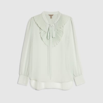 Green Tie Neck Long Sleeve Blouse