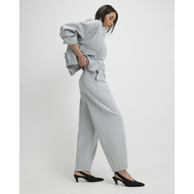 Grey Interlock Barrel Leg Trousers