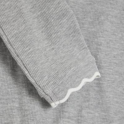 Grey Long Sleeve Scallop Trim Top