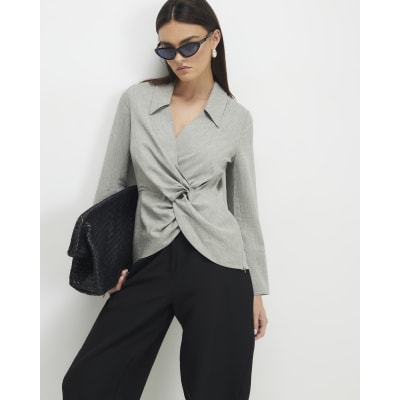 Grey Long Sleeve Twisted Collared Top