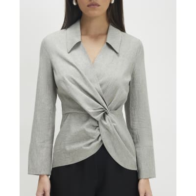 Grey Long Sleeve Twisted Collared Top