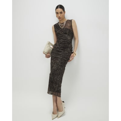 Grey Mesh Snake Print Sleeveless Maxi Dress