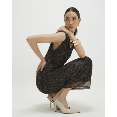 Grey Mesh Snake Print Sleeveless Maxi Dress