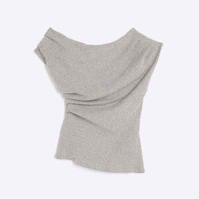 Grey Off Shoulder Draped Textured Top