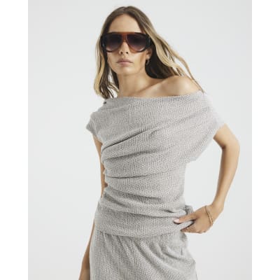 Grey Off Shoulder Draped Textured Top