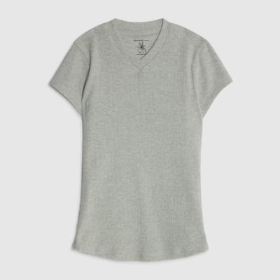 Grey Short Sleeve High V Neck Ribbed Top