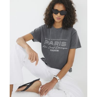 Grey Short Sleeve Paris Studded T-shirt
