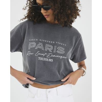 Grey Short Sleeve Paris Studded T-shirt