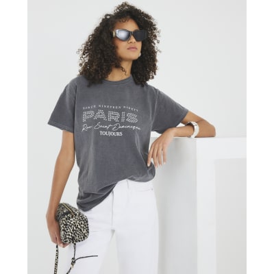 Grey Short Sleeve Paris Studded T-shirt